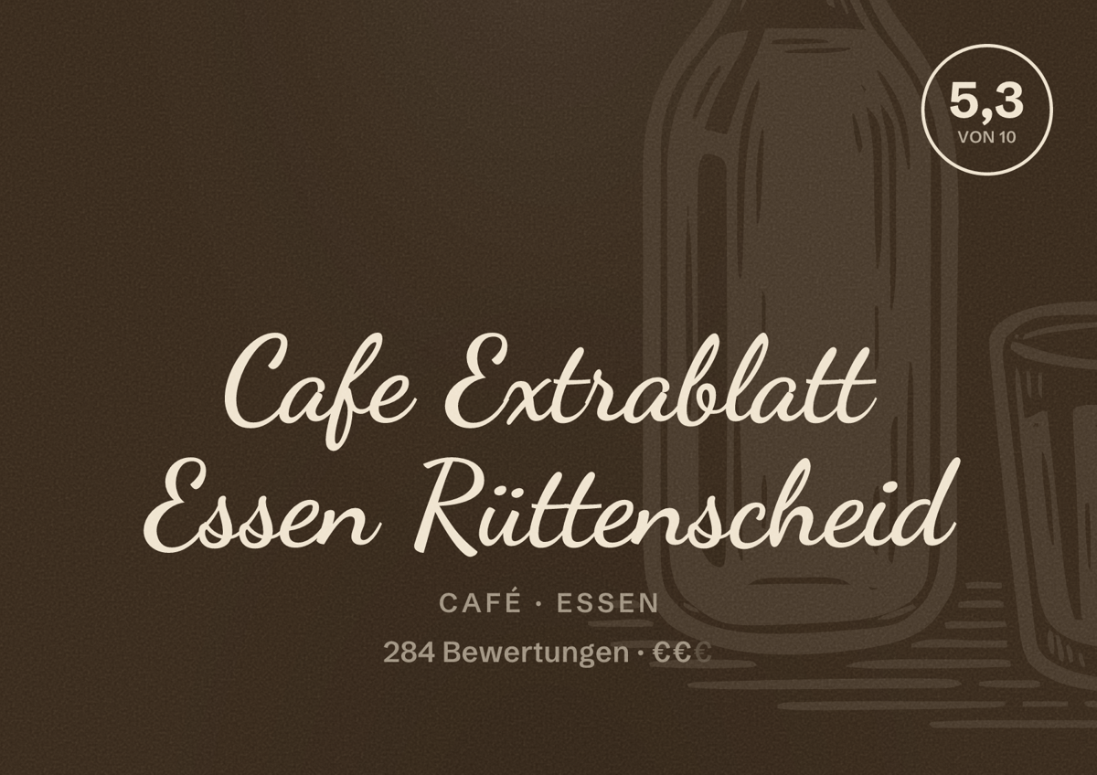 Illustriertes Poster von Cafe Extrablatt Essen Rüttenscheid, Café in Essen: Bewertung 5,3 von 10 aus 284 Bewertungen, Preisniveau €€