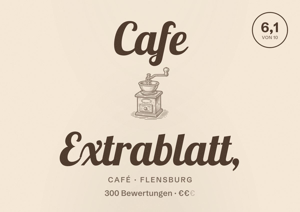 Illustriertes Poster von Cafe Extrablatt,, Café in Flensburg: Bewertung 6,1 von 10 aus 300 Bewertungen, Preisniveau €€