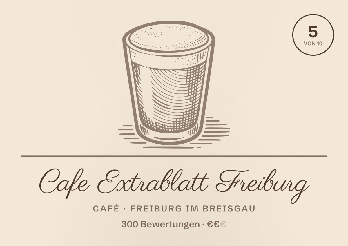Illustriertes Poster von Cafe Extrablatt Freiburg, Café in Freiburg im Breisgau: Bewertung 5,0 von 10 aus 300 Bewertungen, Preisniveau €€