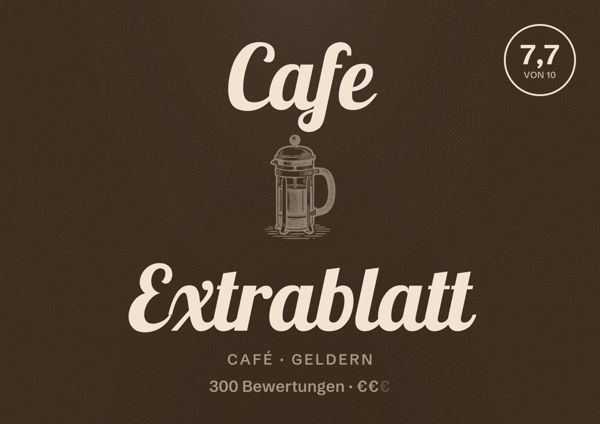 Illustriertes Poster von Cafe Extrablatt, Café in Geldern: Bewertung 7,7 von 10 aus 300 Bewertungen, Preisniveau €€
