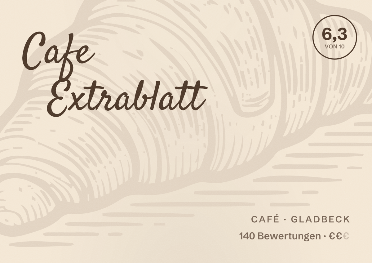 Illustriertes Poster von Cafe Extrablatt, Café in Gladbeck: Bewertung 6,3 von 10 aus 140 Bewertungen, Preisniveau €€