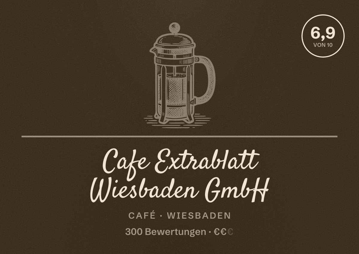 Illustriertes Poster von Cafe Extrablatt Wiesbaden GmbH, Café in Wiesbaden: Bewertung 6,9 von 10 aus 300 Bewertungen, Preisniveau €€