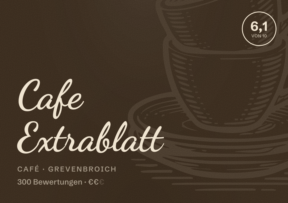 Illustriertes Poster von Cafe Extrablatt, Café in Grevenbroich: Bewertung 6,1 von 10 aus 300 Bewertungen, Preisniveau €€