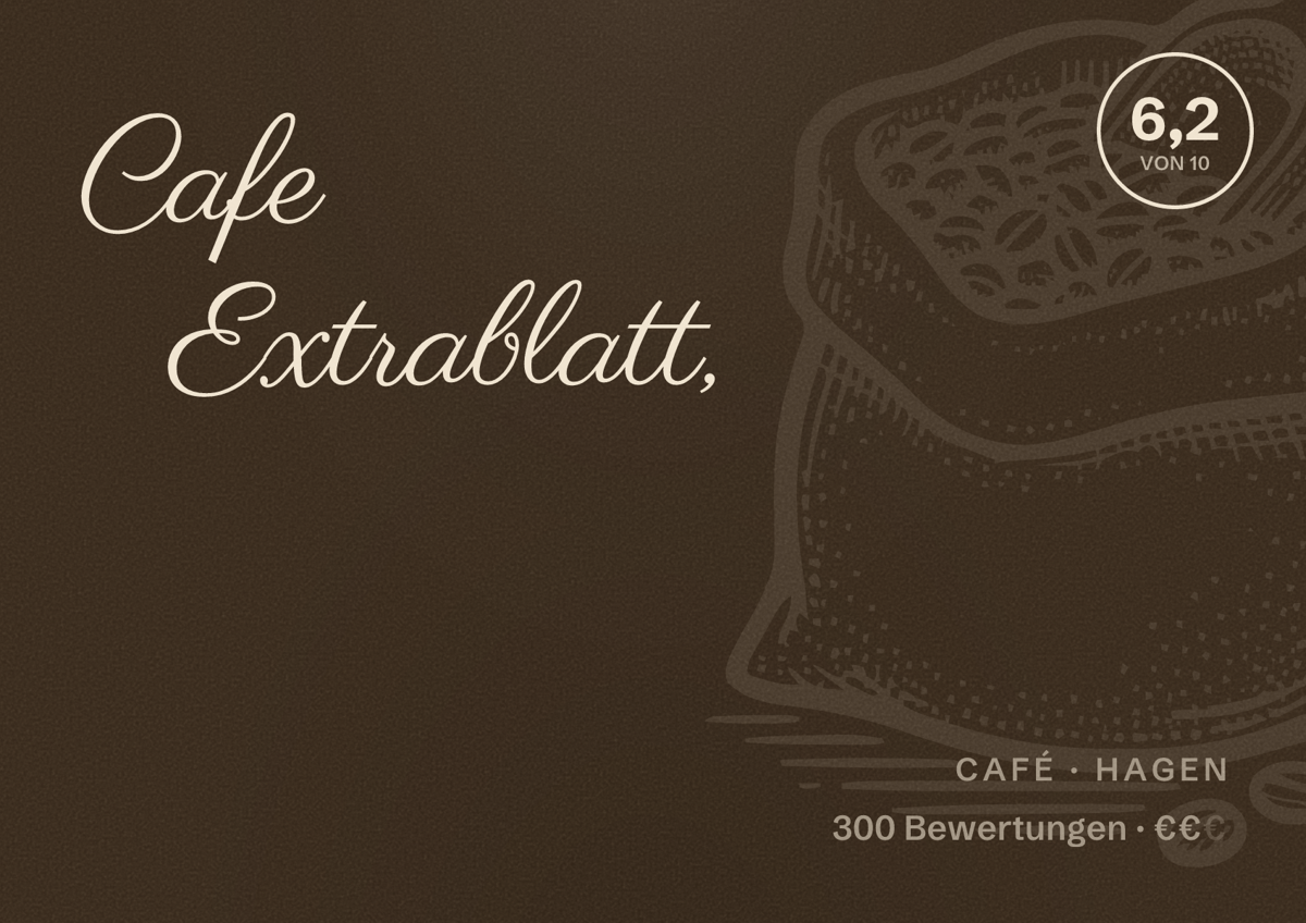 Illustriertes Poster von Cafe Extrablatt,, Café in Hagen: Bewertung 6,2 von 10 aus 300 Bewertungen, Preisniveau €€