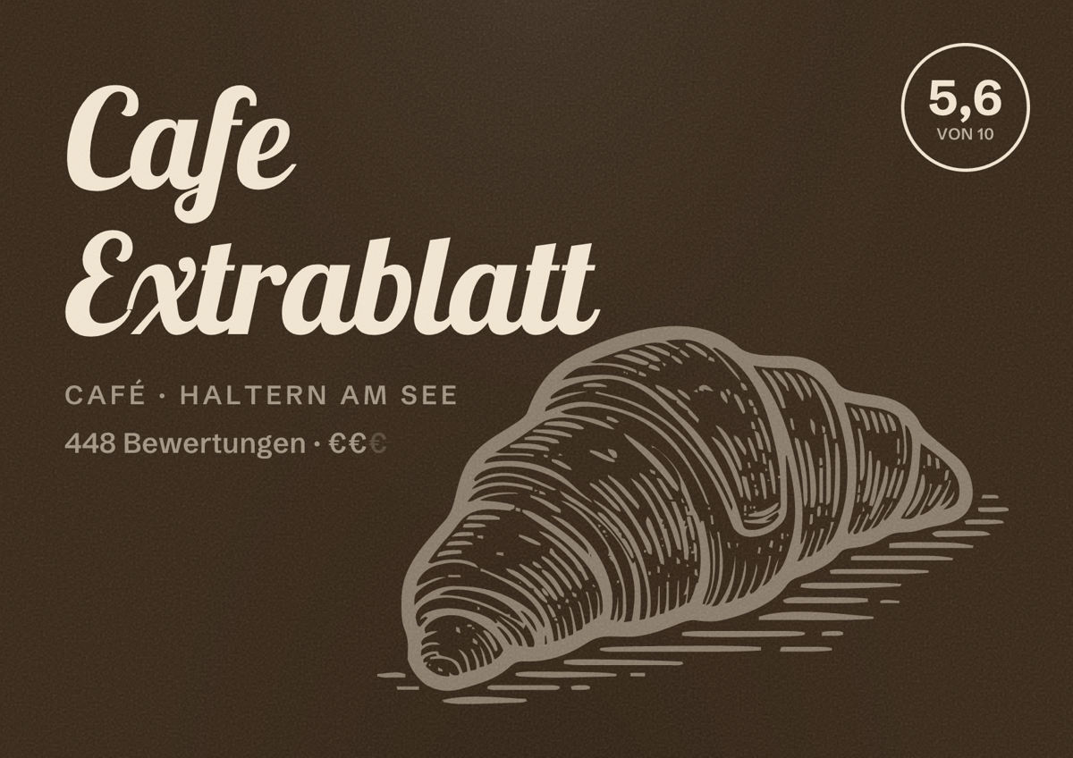 Illustriertes Poster von Cafe Extrablatt, Café in Haltern am See: Bewertung 5,6 von 10 aus 448 Bewertungen, Preisniveau €€