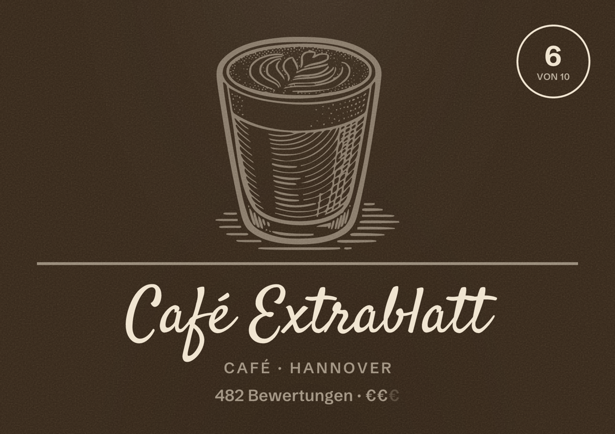 Illustriertes Poster von Café Extrablatt, Café in Hannover: Bewertung 6,0 von 10 aus 482 Bewertungen, Preisniveau €€