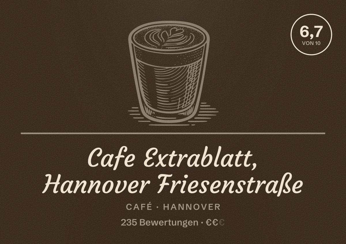 Illustriertes Poster von Cafe Extrablatt, Hannover Friesenstraße, Café in Hannover: Bewertung 6,7 von 10 aus 235 Bewertungen, Preisniveau €€