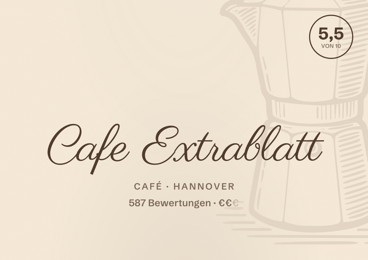 Illustriertes Poster von Cafe Extrablatt, Café in Hannover: Bewertung 5,5 von 10 aus 587 Bewertungen, Preisniveau €€