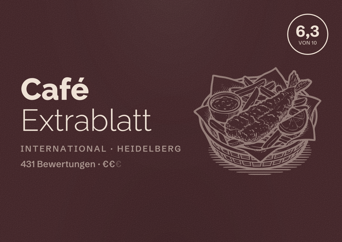 Illustriertes Poster von Café Extrablatt, International in Heidelberg: Bewertung 6,3 von 10 aus 431 Bewertungen, Preisniveau €€