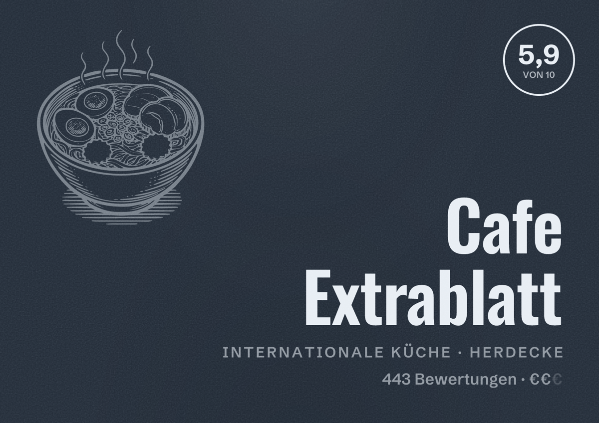 Illustriertes Poster von Cafe Extrablatt, Internationale Küche in Herdecke: Bewertung 5,9 von 10 aus 443 Bewertungen, Preisniveau €€
