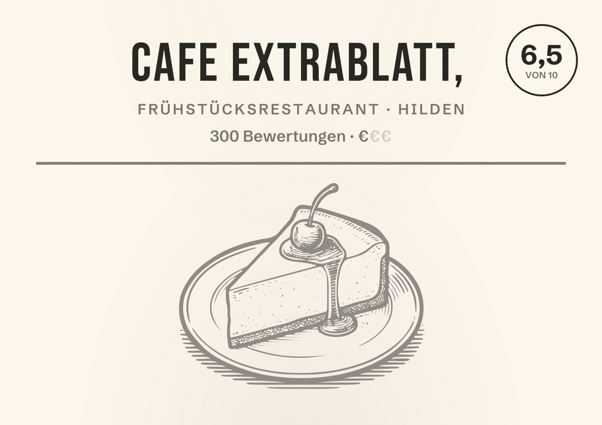 Illustriertes Poster von Cafe Extrablatt,, Frühstücksrestaurant in Hilden: Bewertung 6,5 von 10 aus 300 Bewertungen, Preisniveau €