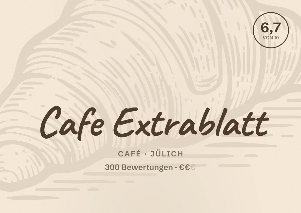 Illustriertes Poster von Cafe Extrablatt, Café in Jülich: Bewertung 6,7 von 10 aus 300 Bewertungen, Preisniveau €€