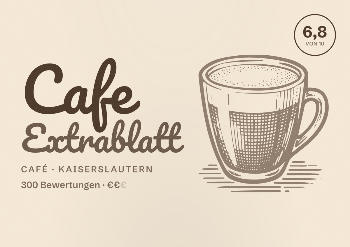 Illustriertes Poster von Cafe Extrablatt, Café in Kaiserslautern: Bewertung 6,8 von 10 aus 300 Bewertungen, Preisniveau €€