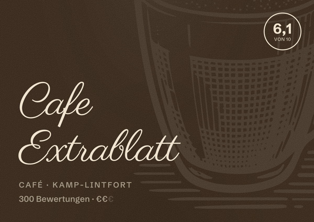 Illustriertes Poster von Cafe Extrablatt, Café in Kamp-Lintfort: Bewertung 6,1 von 10 aus 300 Bewertungen, Preisniveau €€