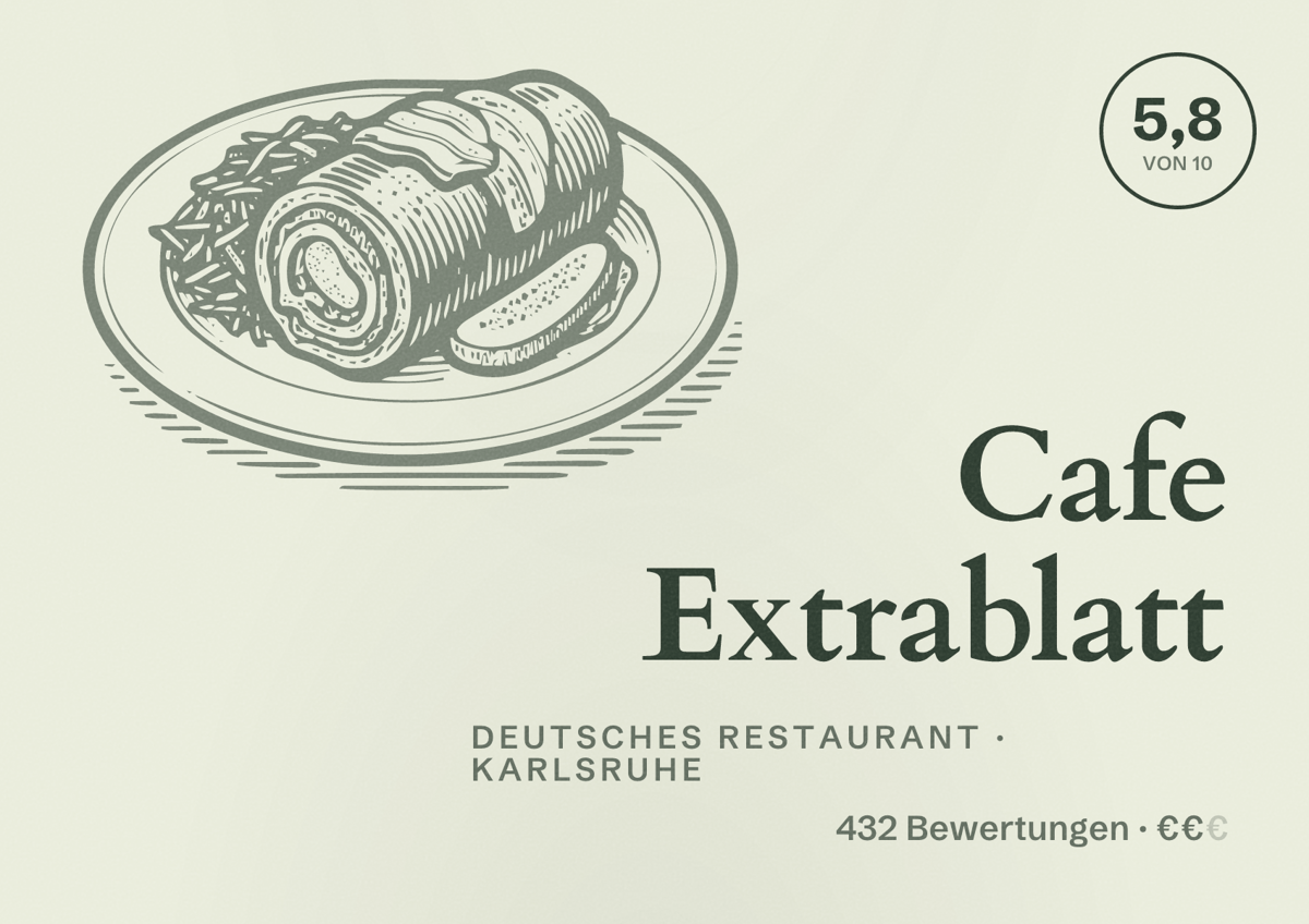 Illustriertes Poster von Cafe Extrablatt, Deutsches Restaurant in Karlsruhe: Bewertung 5,8 von 10 aus 432 Bewertungen, Preisniveau €€