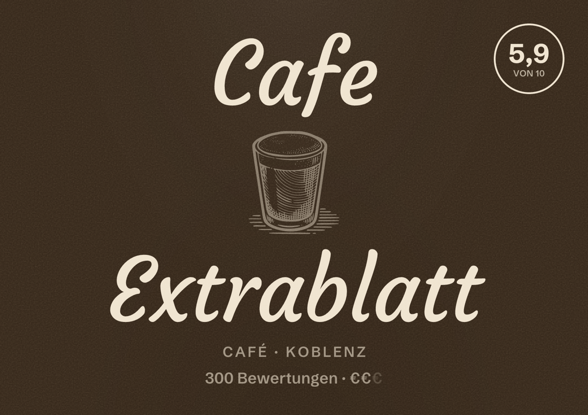 Illustriertes Poster von Cafe Extrablatt, Café in Koblenz: Bewertung 5,9 von 10 aus 300 Bewertungen, Preisniveau €€