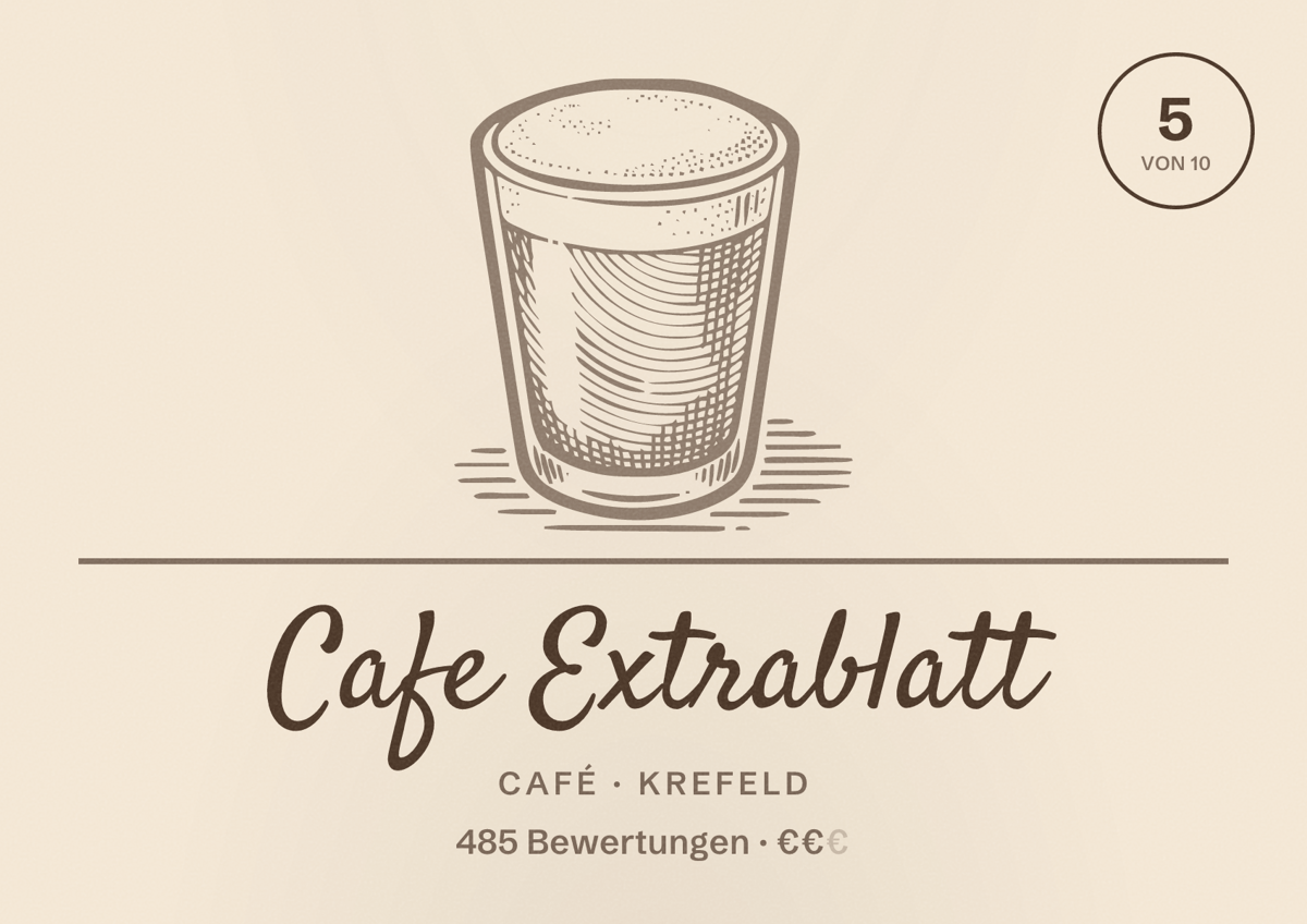 Illustriertes Poster von Cafe Extrablatt, Café in Krefeld: Bewertung 5 von 10 aus 485 Bewertungen, Preisniveau €€