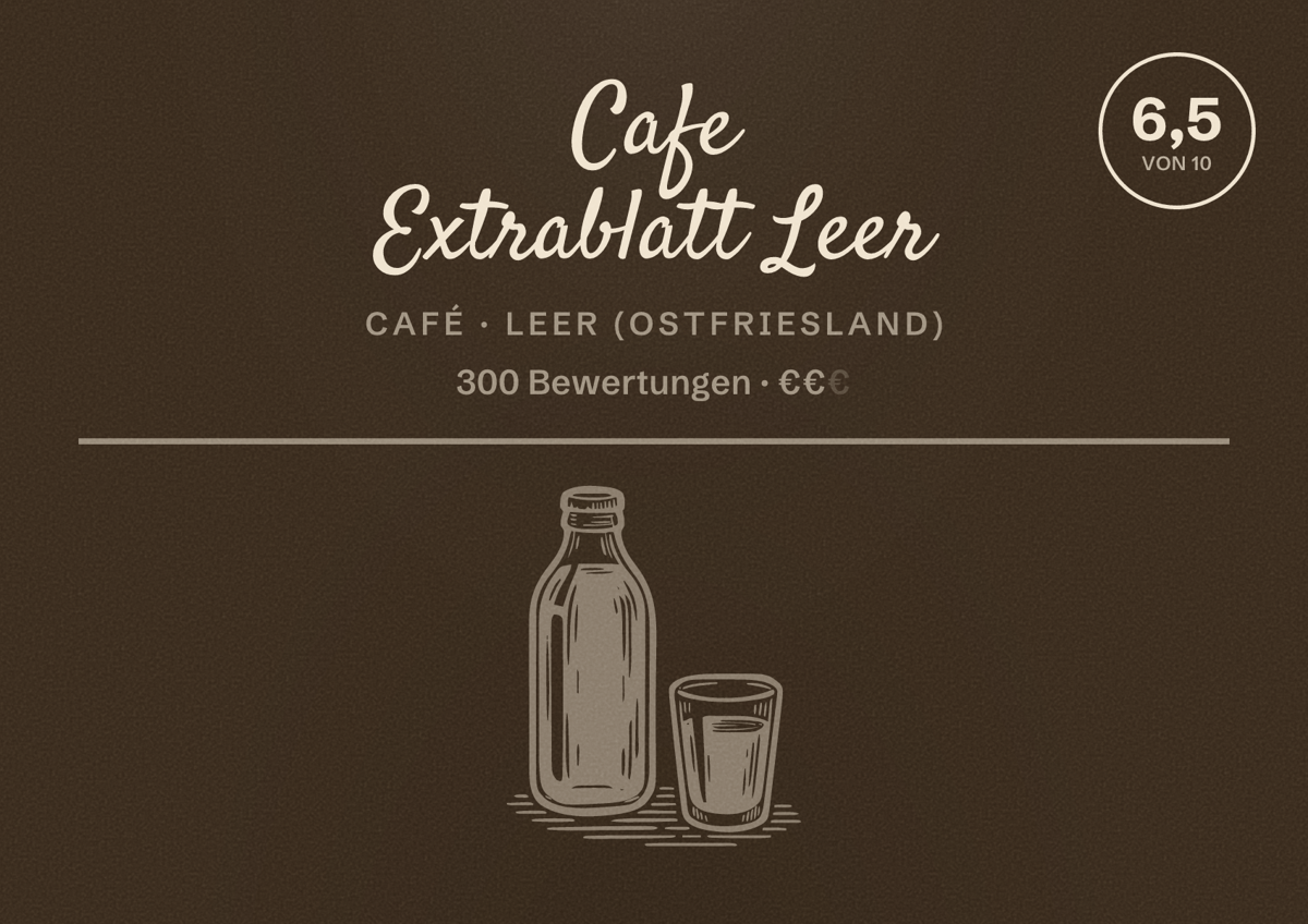 Illustriertes Poster von Cafe Extrablatt Leer, Café in Leer (Ostfriesland): Bewertung 6,5 von 10 aus 300 Bewertungen, Preisniveau €€