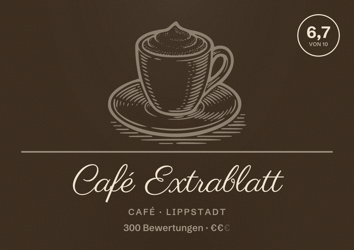 Illustriertes Poster von Café Extrablatt, Café in Lippstadt: Bewertung 6,7 von 10 aus 300 Bewertungen, Preisniveau €€