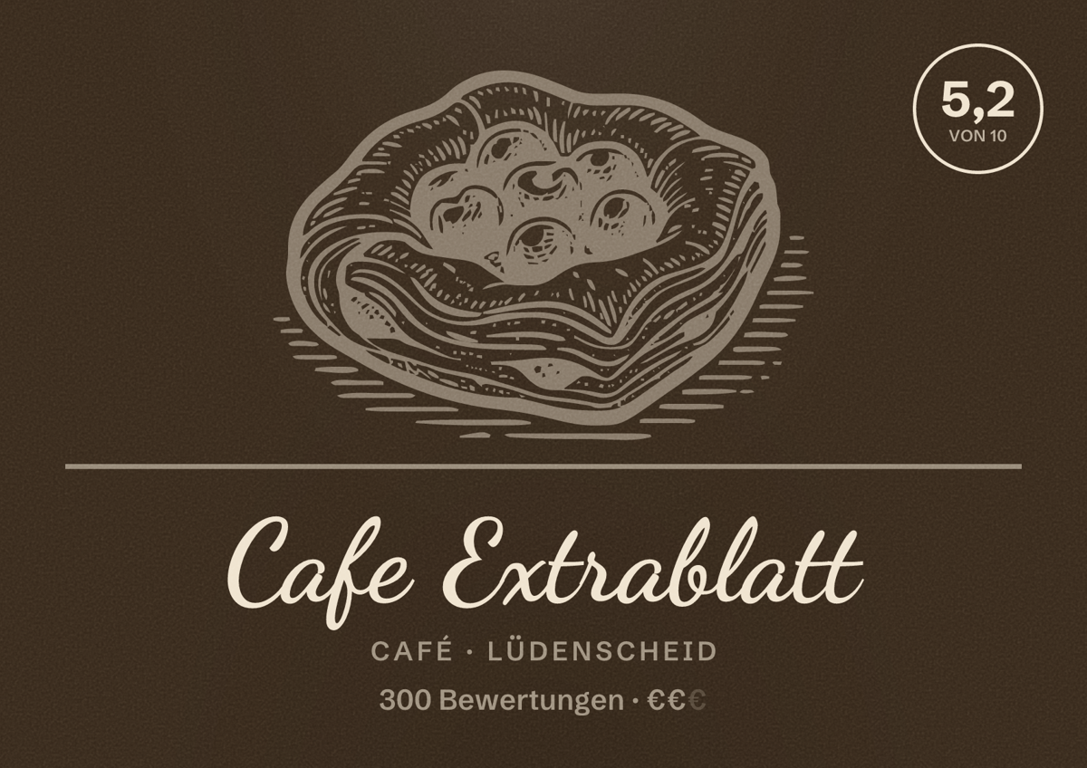 Illustriertes Poster von Cafe Extrablatt, Café in Lüdenscheid: Bewertung 5,2 von 10 aus 300 Bewertungen, Preisniveau €€