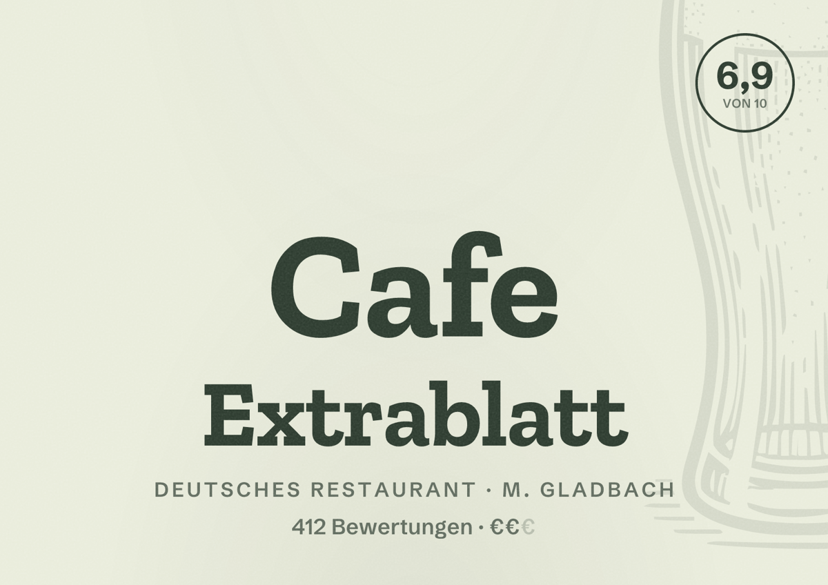 Illustriertes Poster von Cafe Extrablatt, Deutsches Restaurant in M. Gladbach: Bewertung 6,9 von 10 aus 412 Bewertungen, Preisniveau €€