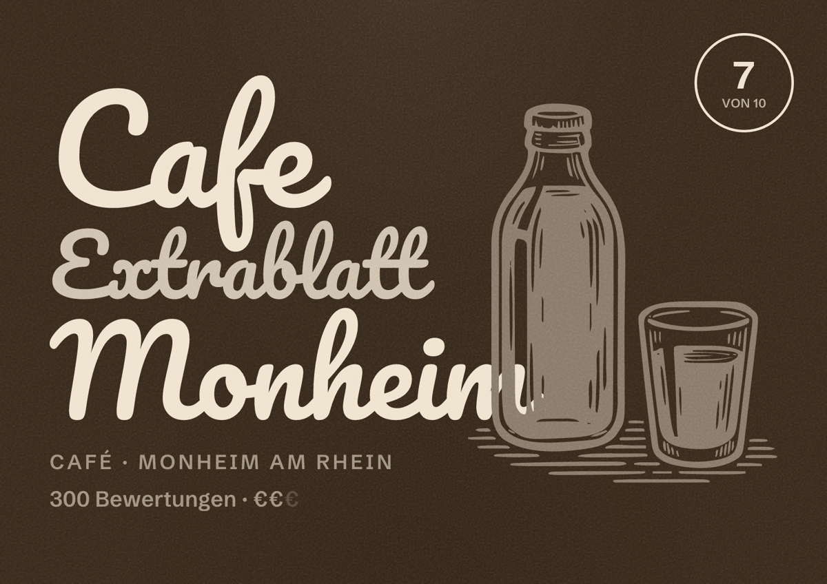 Illustriertes Poster von Cafe Extrablatt Monheim, Café in Monheim am Rhein: Bewertung 7 von 10 aus 300 Bewertungen, Preisniveau €€
