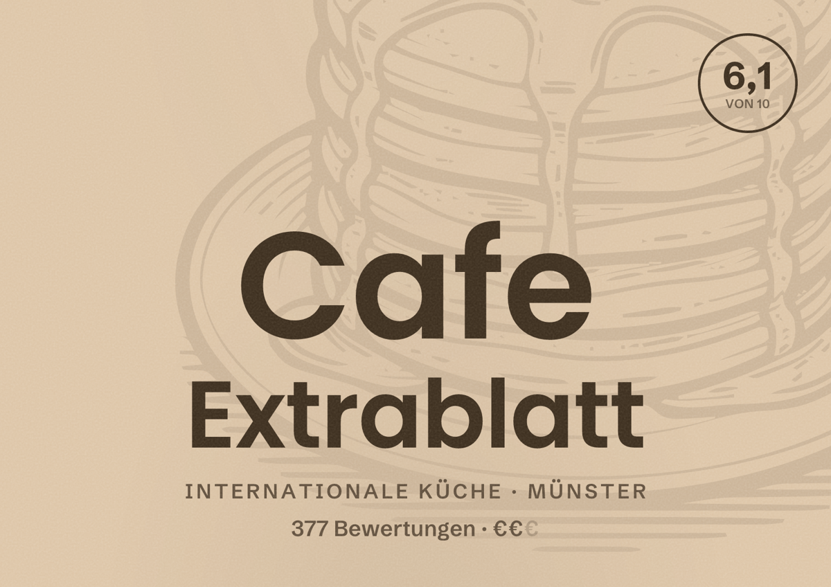 Illustriertes Poster von Cafe Extrablatt, Internationale Küche in Münster: Bewertung 6,1 von 10 aus 377 Bewertungen, Preisniveau €€