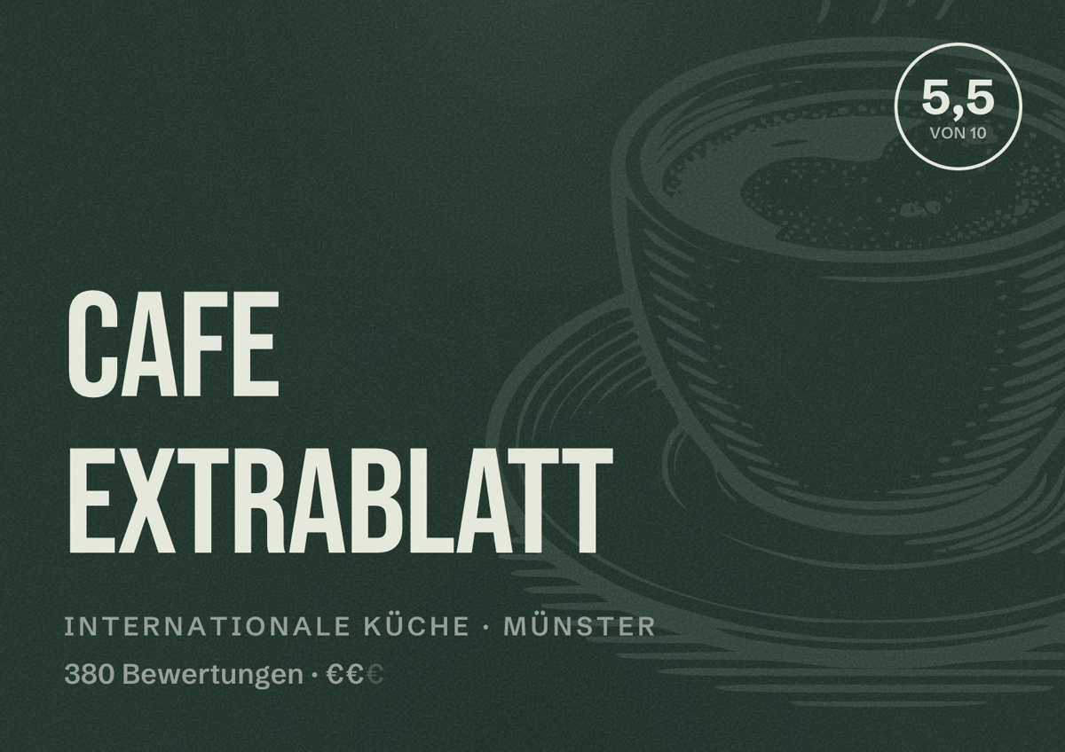 Illustriertes Poster von Cafe Extrablatt, Internationale Küche in Münster: Gästebewertung 5,5 von 10 aus 380 Bewertungen