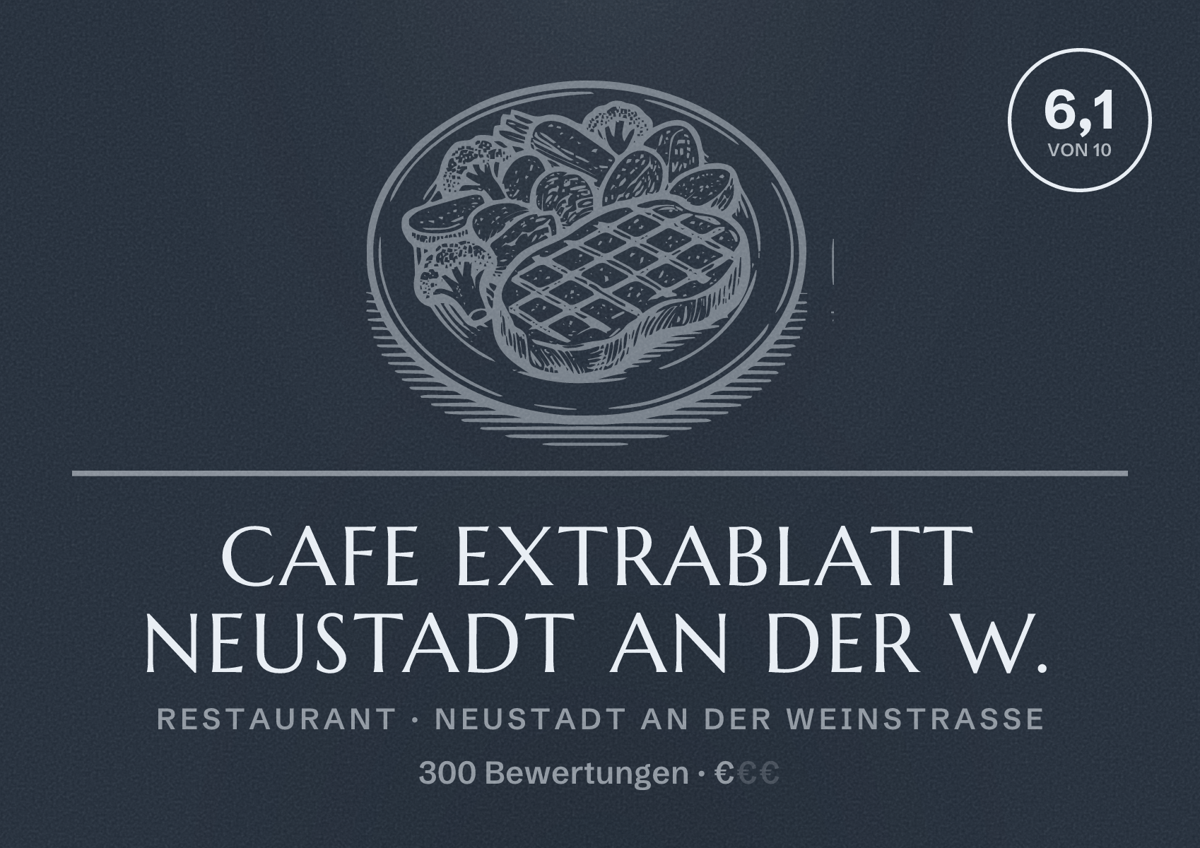 Illustriertes Poster von Cafe Extrablatt Neustadt an der W., Restaurant in Neustadt an der Weinstraße: Bewertung 6,1 von 10 aus 300 Bewertungen, Preisniveau €