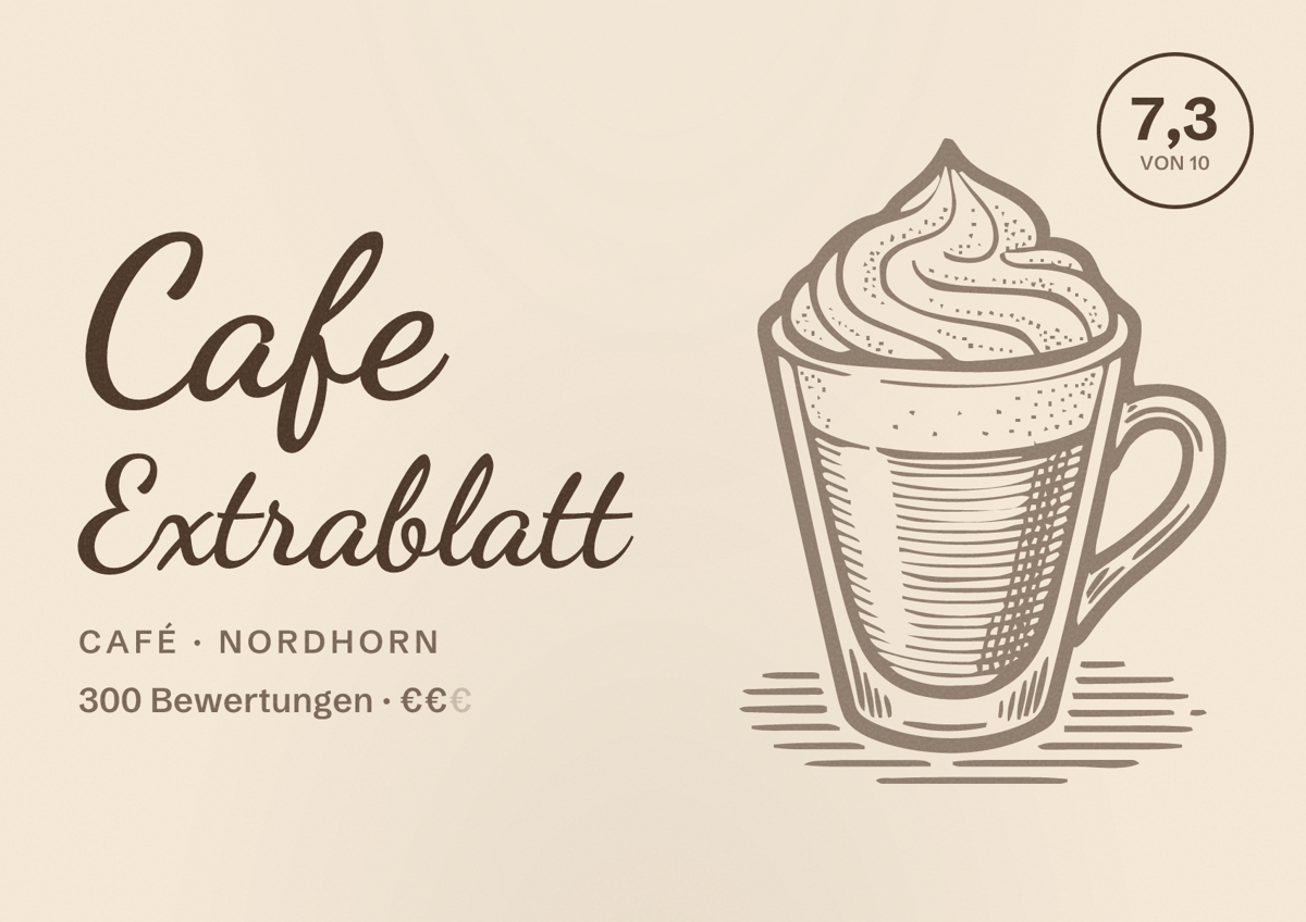 Illustriertes Poster von Cafe Extrablatt, Café in Nordhorn: Bewertung 7,3 von 10 aus 300 Bewertungen, Preisniveau €€