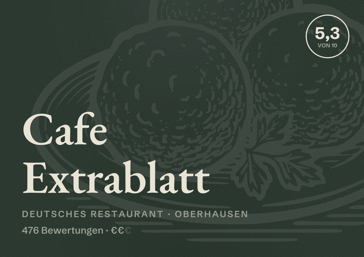 Illustriertes Poster von Cafe Extrablatt, Deutsches Restaurant in Oberhausen: Bewertung 5,3 von 10 aus 476 Bewertungen, Preisniveau €€
