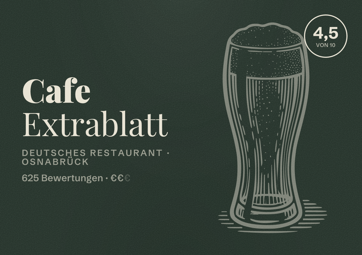 Illustriertes Poster von Cafe Extrablatt, Deutsches Restaurant in Osnabrück: Bewertung 4,5 von 10 aus 625 Bewertungen, Preisniveau €€