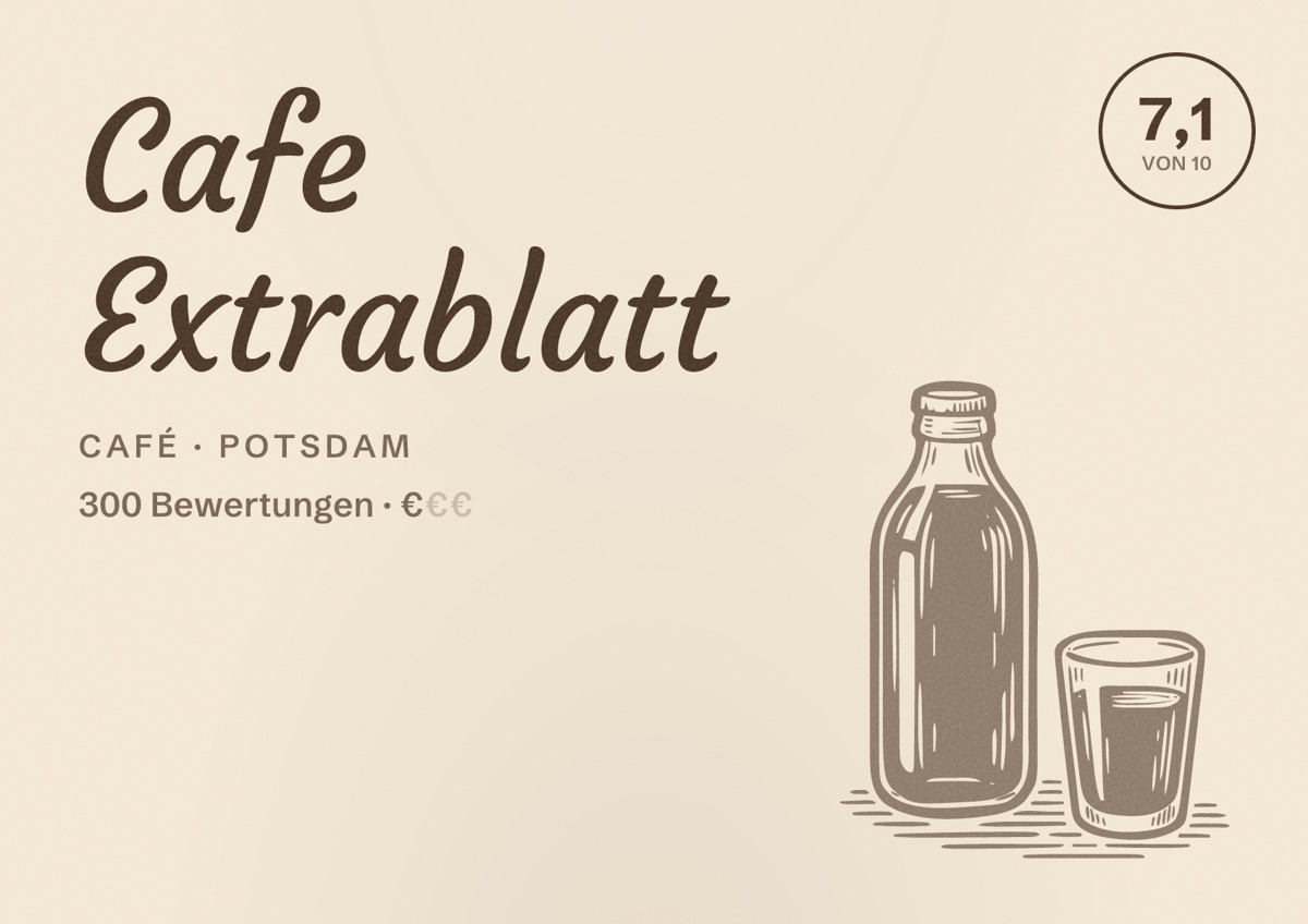 Illustriertes Poster von Cafe Extrablatt, Café in Potsdam: Bewertung 7,1 von 10 aus 300 Bewertungen, Preisniveau €