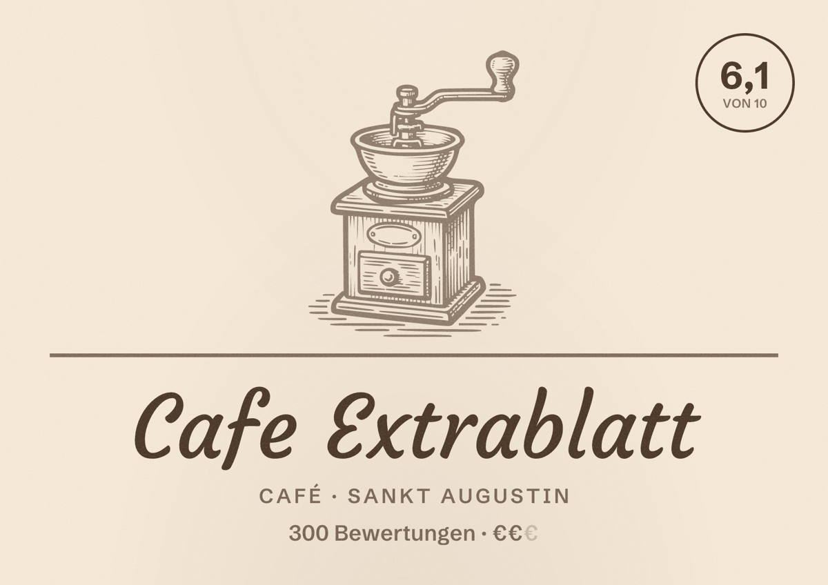 Illustriertes Poster von Cafe Extrablatt, Café in Sankt Augustin: Bewertung 6,1 von 10 aus 300 Bewertungen, Preisniveau €€