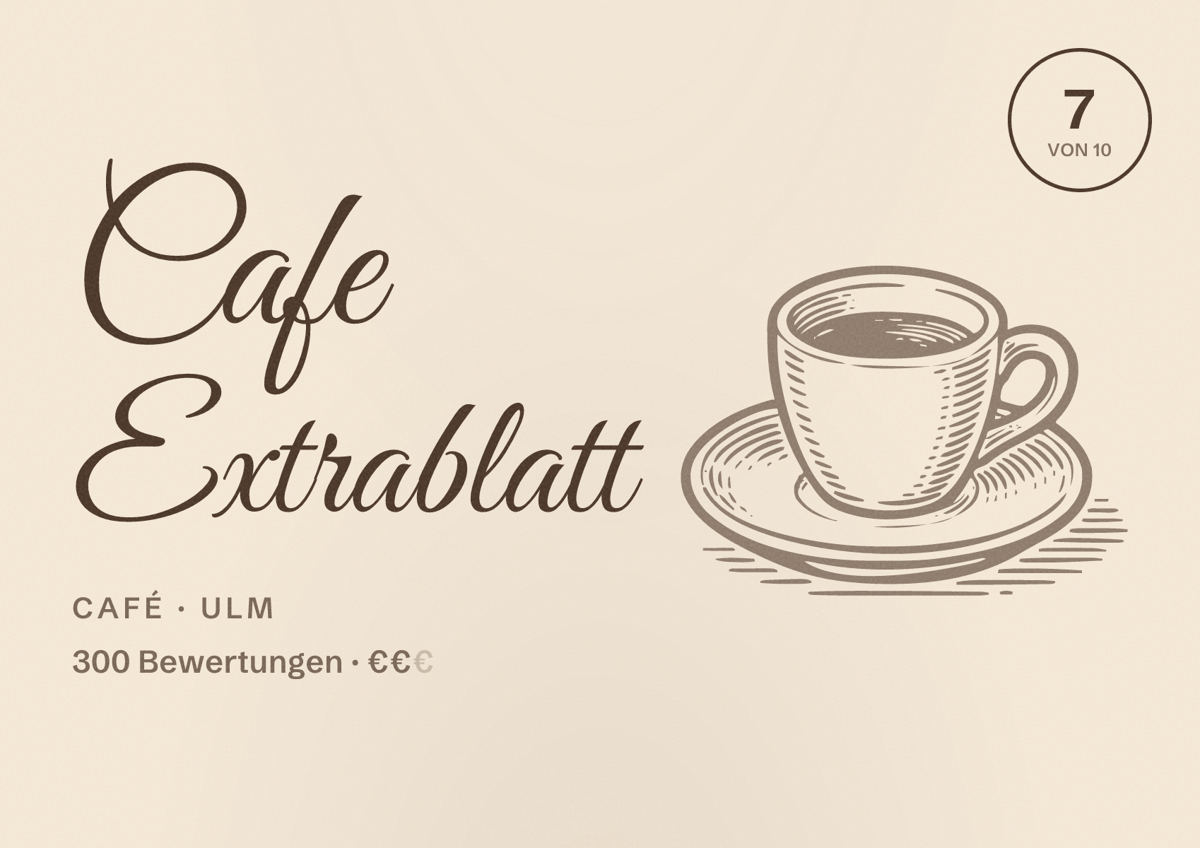 Illustriertes Poster von Cafe Extrablatt, Café in Ulm: Bewertung 7 von 10 aus 300 Bewertungen, Preisniveau €€