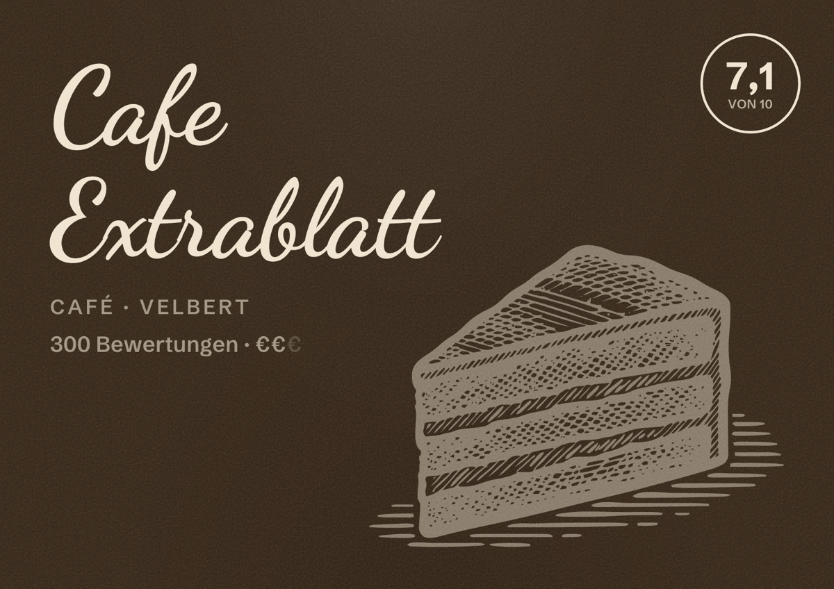 Illustriertes Poster von Cafe Extrablatt, Café in Velbert: Bewertung 7,1 von 10 aus 300 Bewertungen, Preisniveau €€