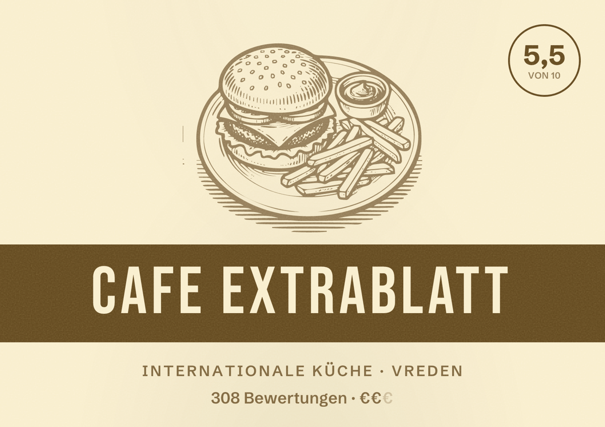 Illustriertes Poster von Cafe Extrablatt, Internationale Küche in Vreden: Bewertung 5,5 von 10 aus 308 Bewertungen, Preisniveau €€