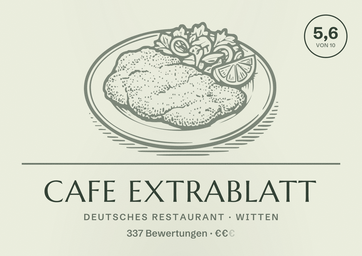 Illustriertes Poster von Cafe Extrablatt, Deutsches Restaurant in Witten: Bewertung 5,6 von 10 aus 337 Bewertungen, Preisniveau €€