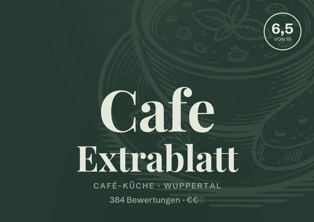 Illustriertes Poster von Cafe Extrablatt, Café-Küche in Wuppertal: Bewertung 6,5 von 10 aus 384 Bewertungen, Preisniveau €€
