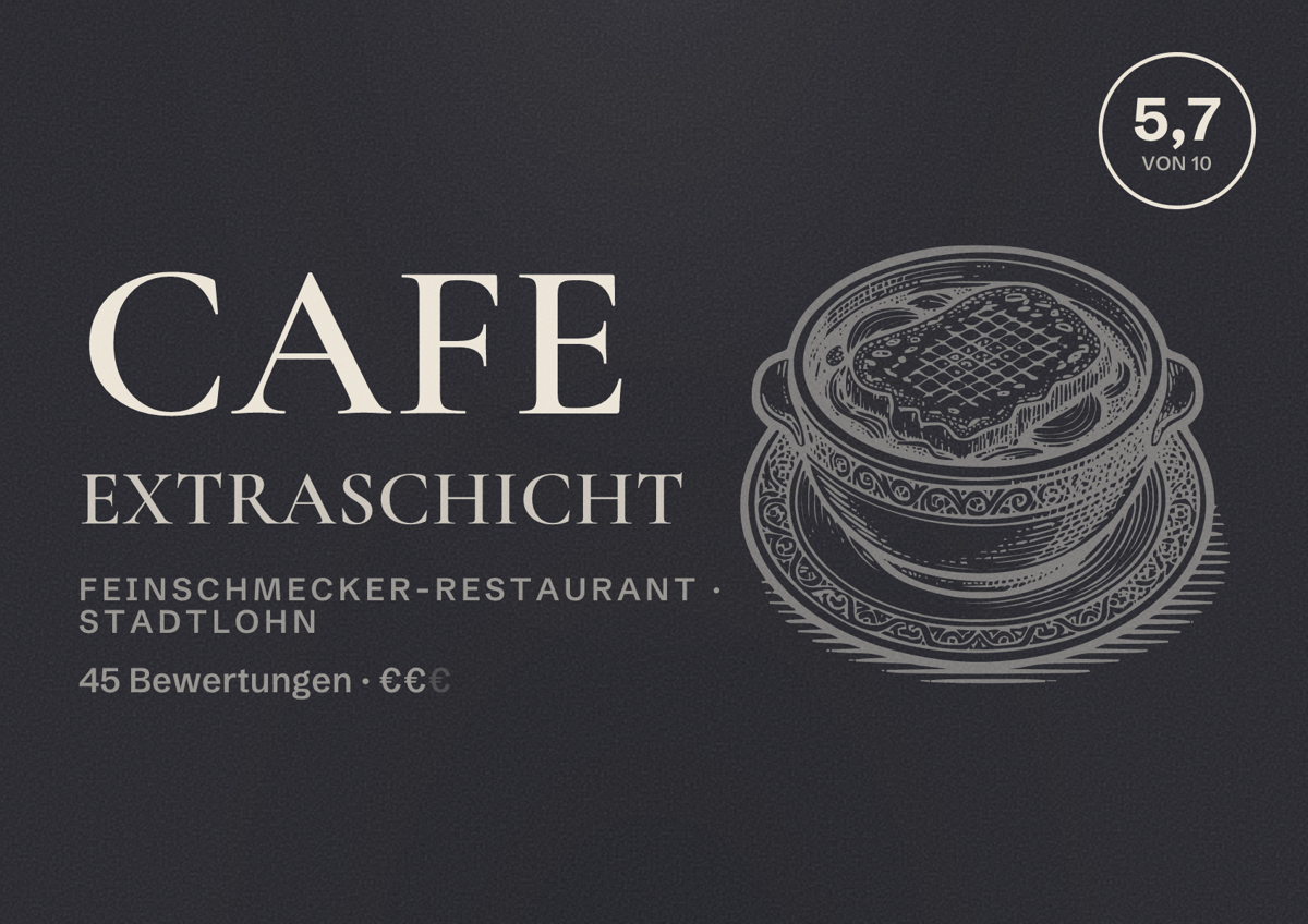 Illustriertes Poster von Cafe Extraschicht, Feinschmecker-Restaurant in Stadtlohn: Bewertung 5,7 von 10 aus 45 Bewertungen, Preisniveau €€
