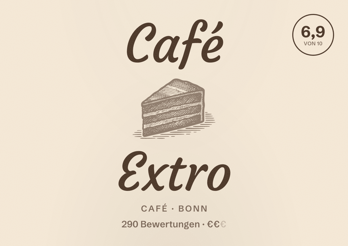 Illustriertes Poster von Café Extro, Café in Bonn: Bewertung 6,9 von 10 aus 290 Bewertungen, Preisniveau €€