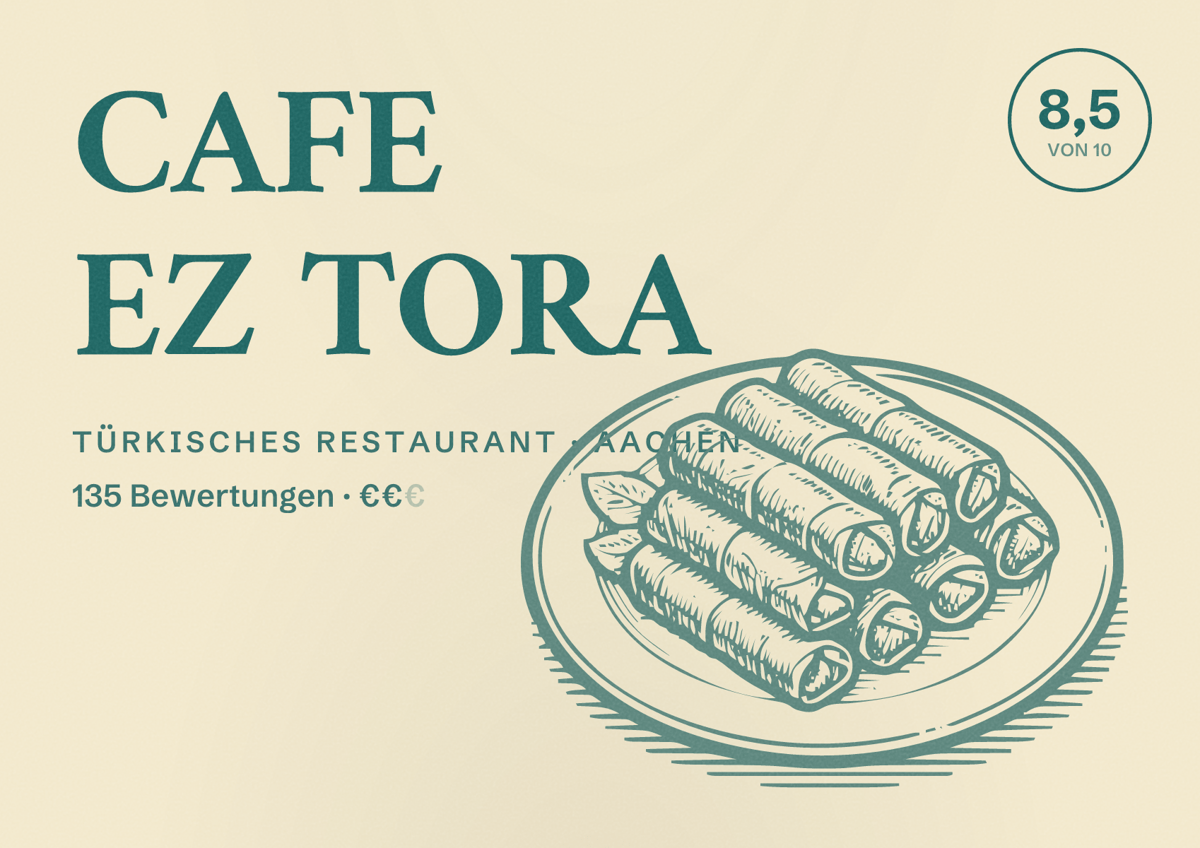 Illustriertes Poster von CAFE EZ TORA, Türkisches Restaurant in Aachen: Bewertung 8,5 von 10 aus 135 Bewertungen, Preisniveau €€
