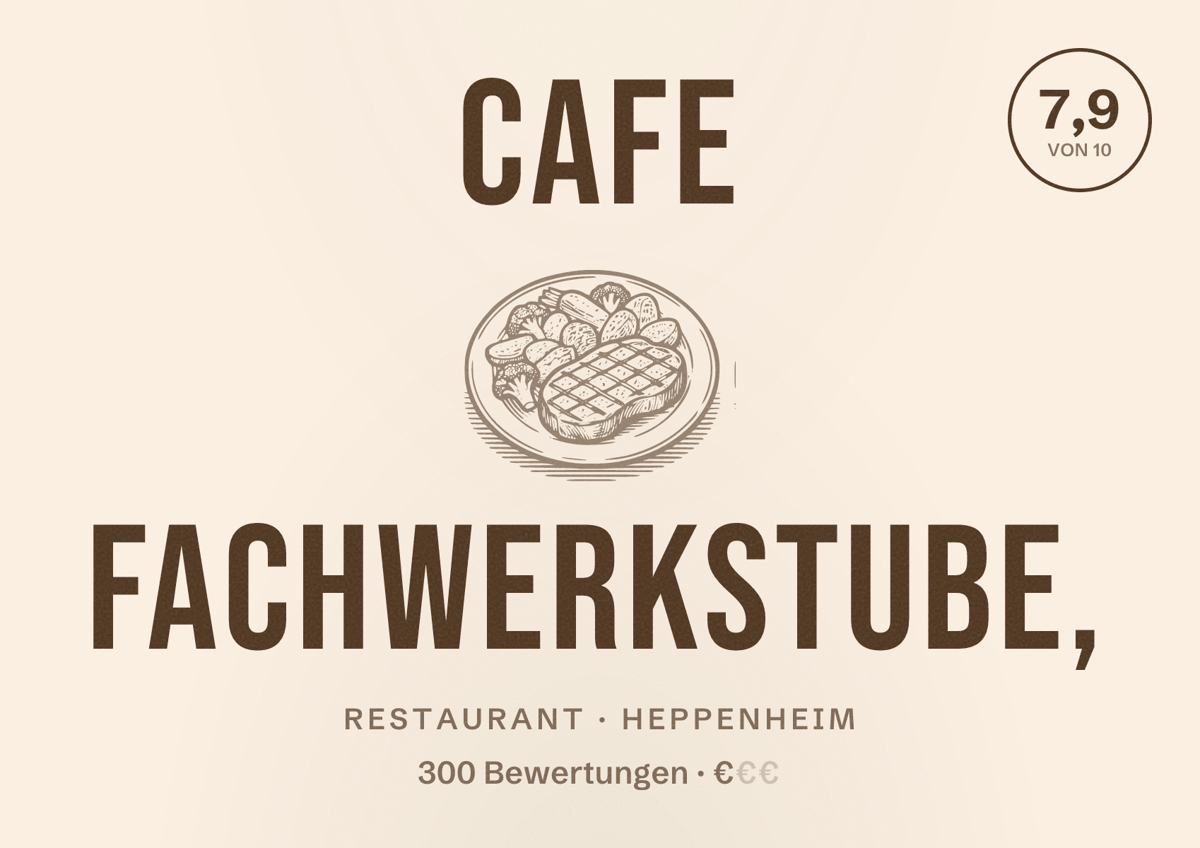 Illustriertes Poster von Cafe Fachwerkstube,, Restaurant in Heppenheim: Bewertung 7,9 von 10 aus 300 Bewertungen, Preisniveau €