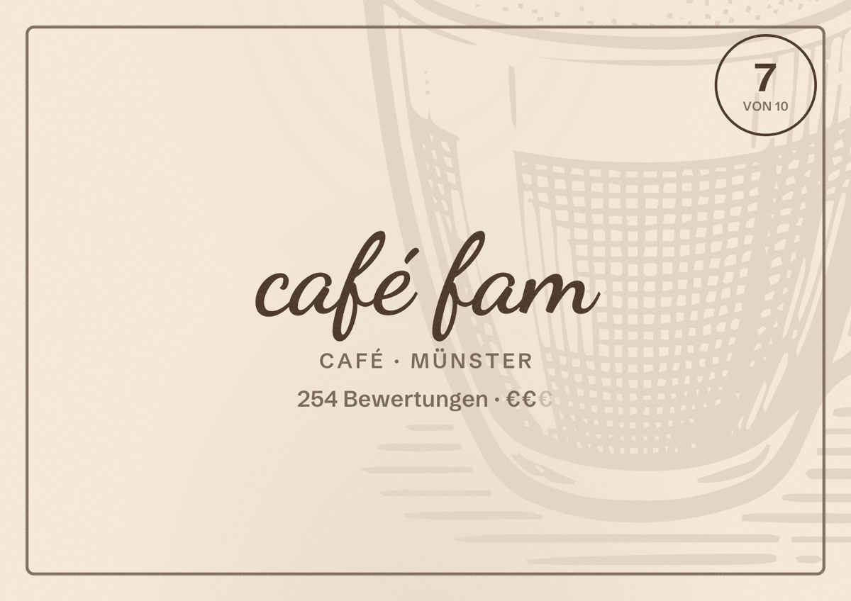 Illustriertes Poster von café fam, Café in Münster: Gästebewertung 7 von 10 aus 254 Bewertungen