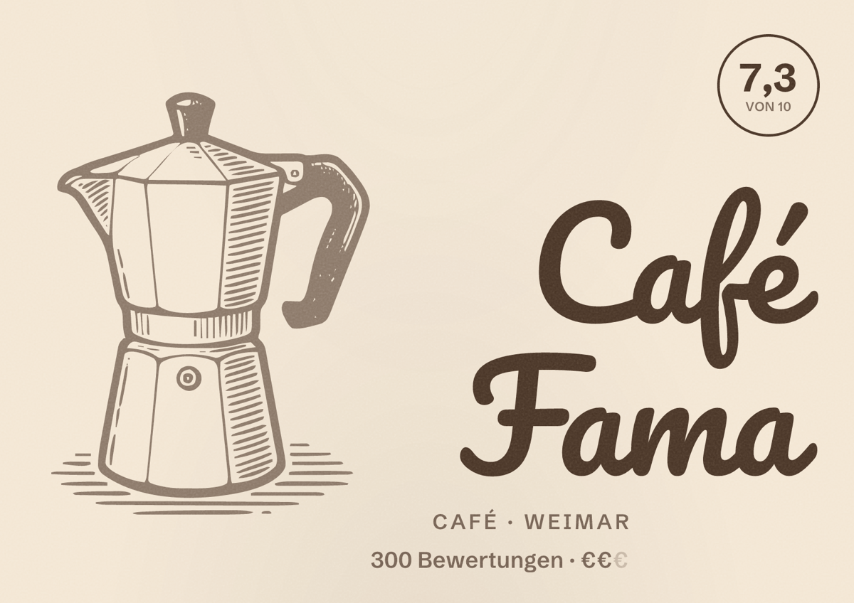 Illustriertes Poster von Café Fama, Café in Weimar: Bewertung 7,3 von 10 aus 300 Bewertungen, Preisniveau €€