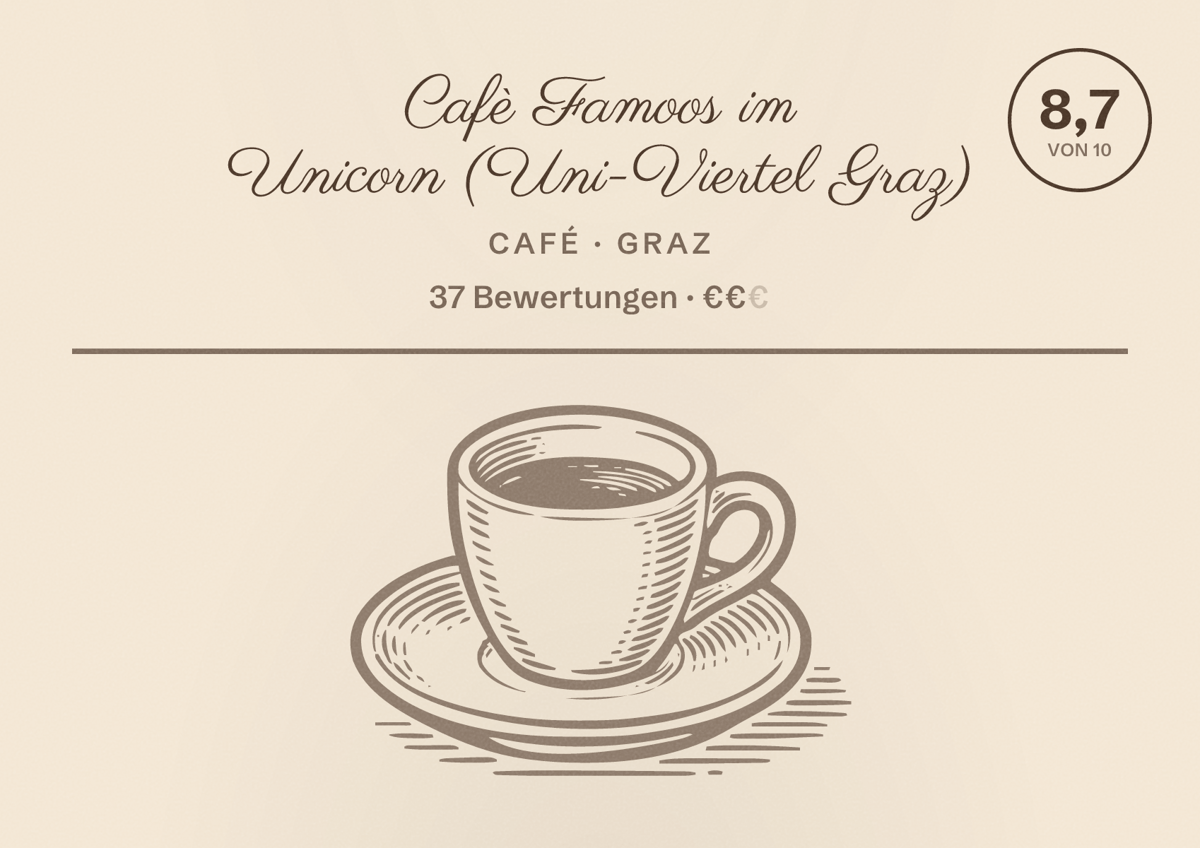Illustriertes Poster von Cafè Famoos im Unicorn (Uni-Viertel Graz), Café in Graz: Bewertung 8,7 von 10 aus 37 Bewertungen, Preisniveau €€