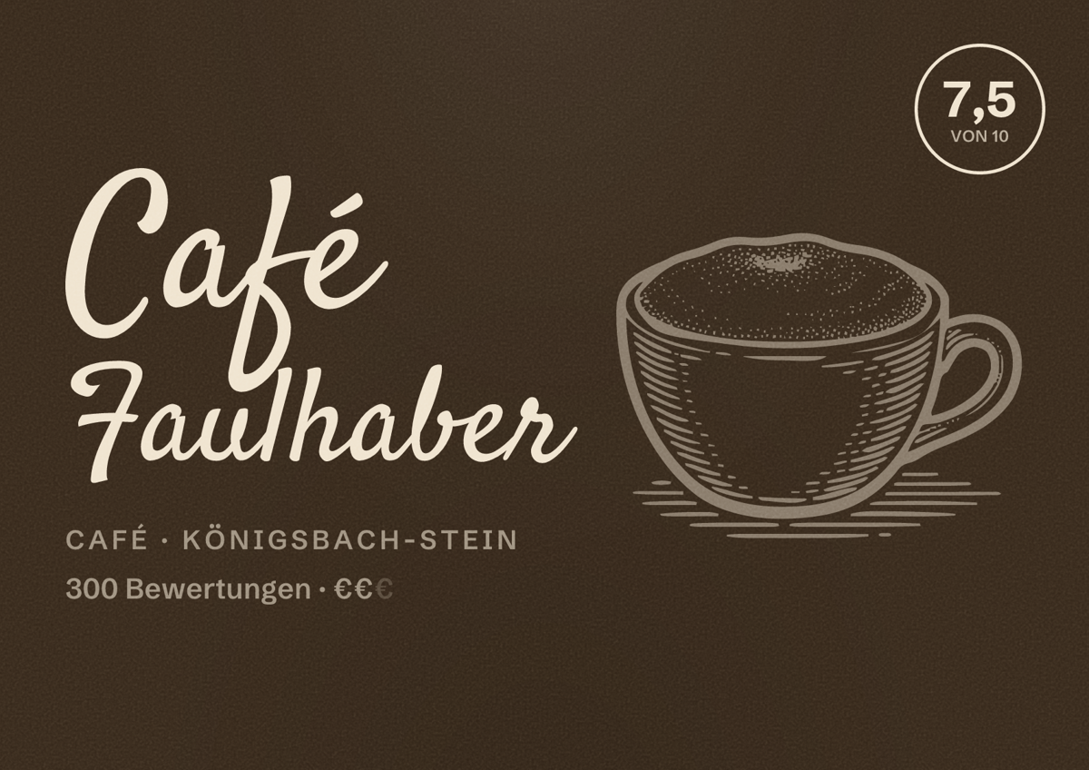 Illustriertes Poster von Café Faulhaber, Café in Königsbach-Stein: Bewertung 7,5 von 10 aus 300 Bewertungen, Preisniveau €€