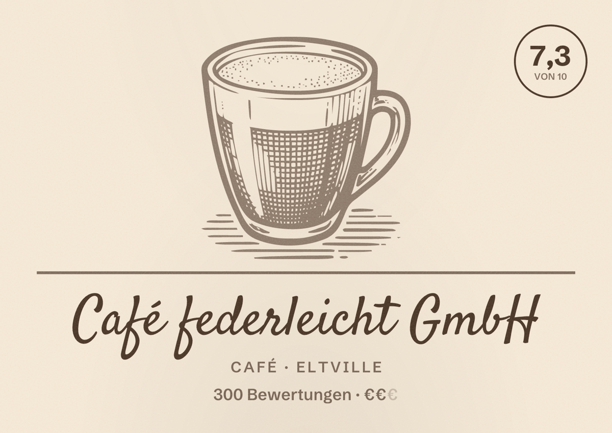 Illustriertes Poster von Café federleicht GmbH, Café in Eltville: Bewertung 7,3 von 10 aus 300 Bewertungen, Preisniveau €€