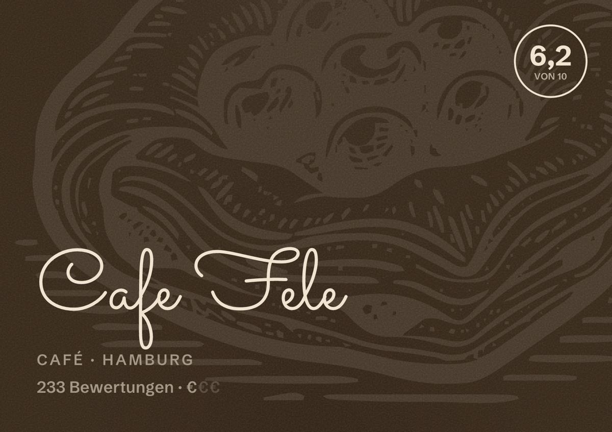 Illustriertes Poster von Cafe Fele, Café in Hamburg: Bewertung 6,2 von 10 aus 233 Bewertungen, Preisniveau €