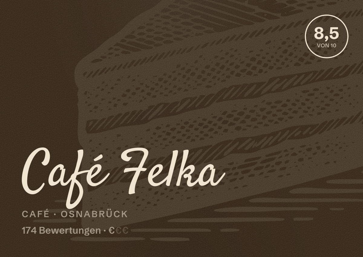 Illustriertes Poster von Café Felka, Café in Osnabrück: Bewertung 8,5 von 10 aus 174 Bewertungen, Preisniveau €